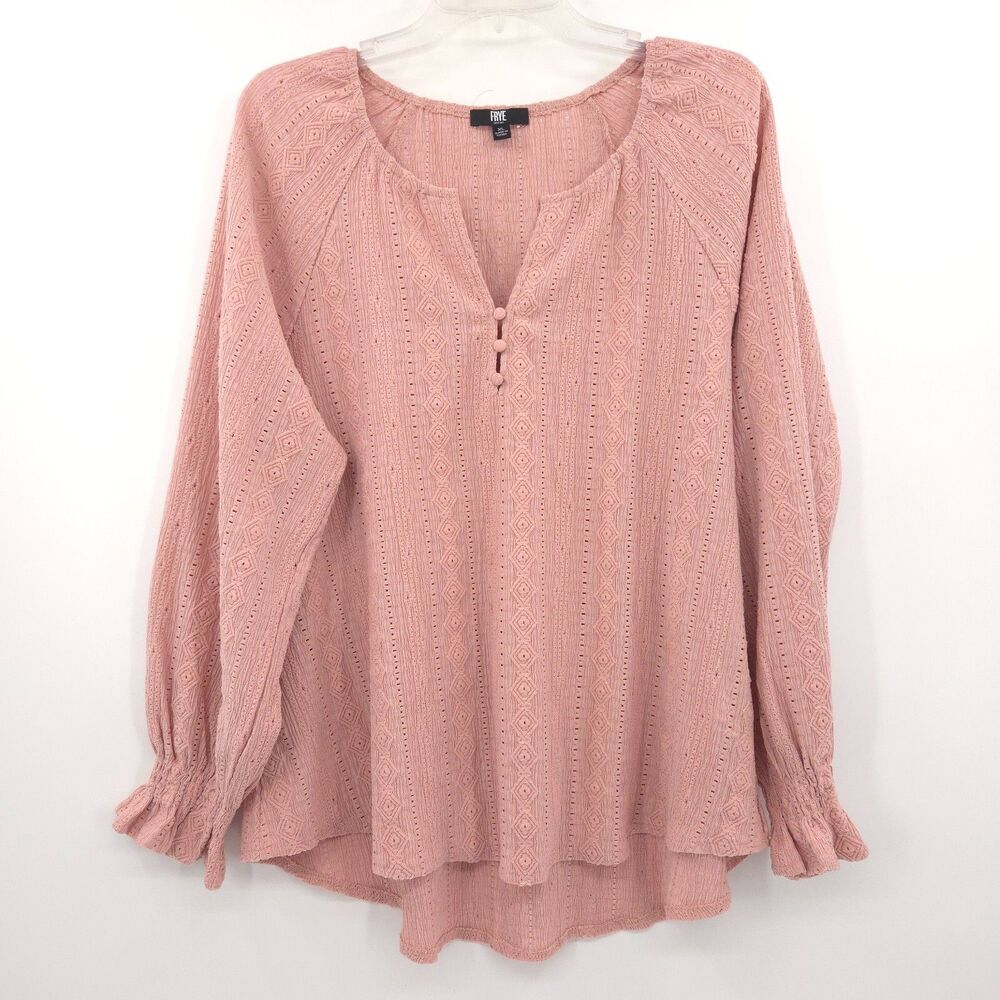 Frye embroidered‎ peasant top womens Size XL pink popover tunic boho long sleeve